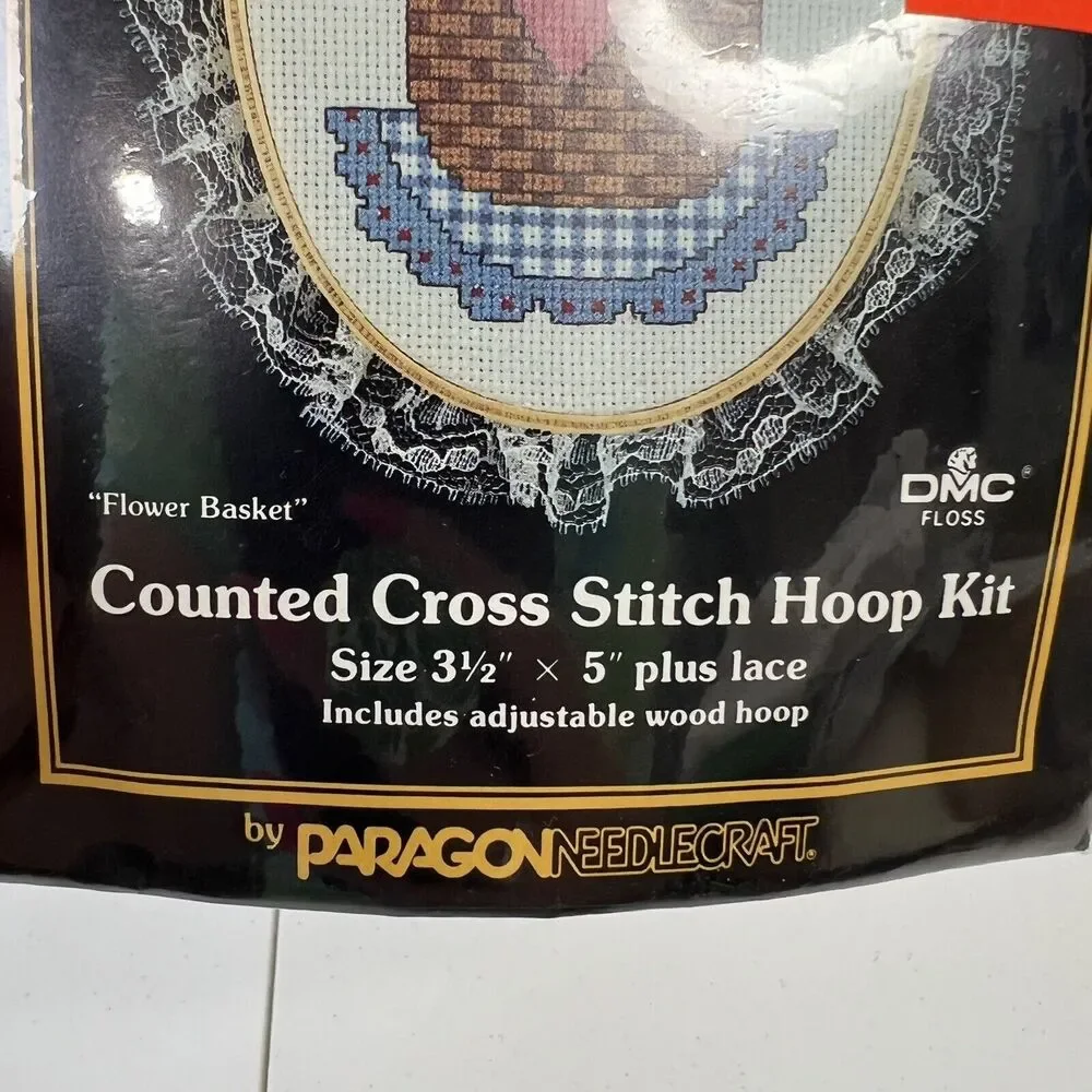 Vtg Paragon Needlecraft Kit Hoop Cross Stitch Kit Flower Basket Home Decor 3.5 5